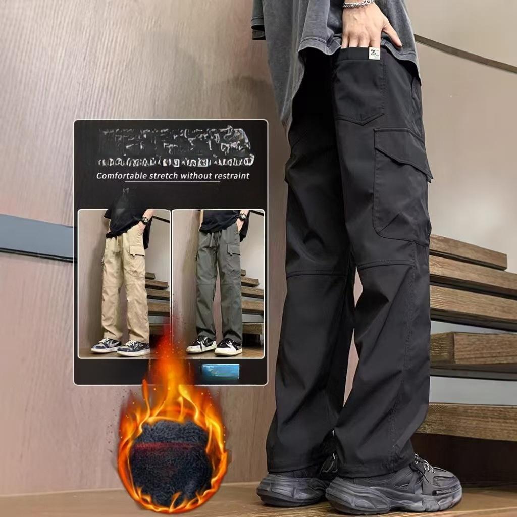 Men's Spring Autumn Loose Sports Straight Leg Outdoor Hiking Long Pants American Style Fleece Lined Cargo Casual Pants