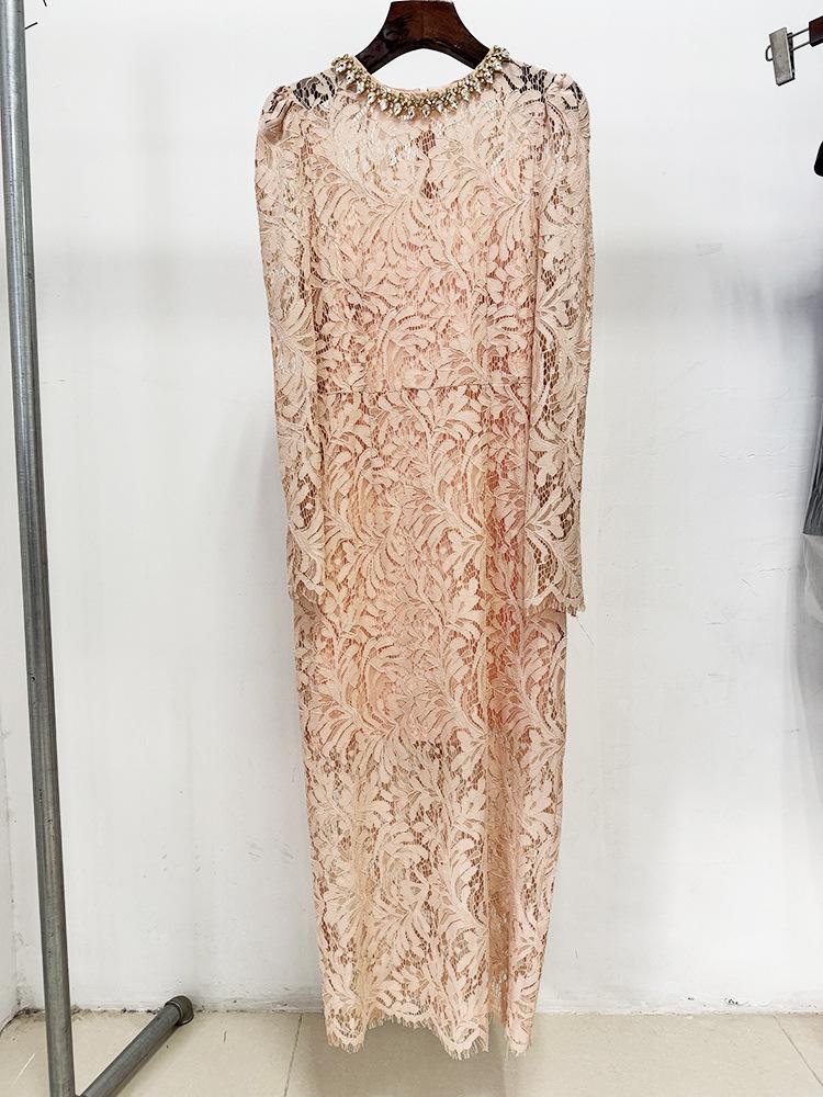 Spring/Summer 2025 European & American Star Fashion Beaded Diamond Long Sleeve Slim Lace Dress