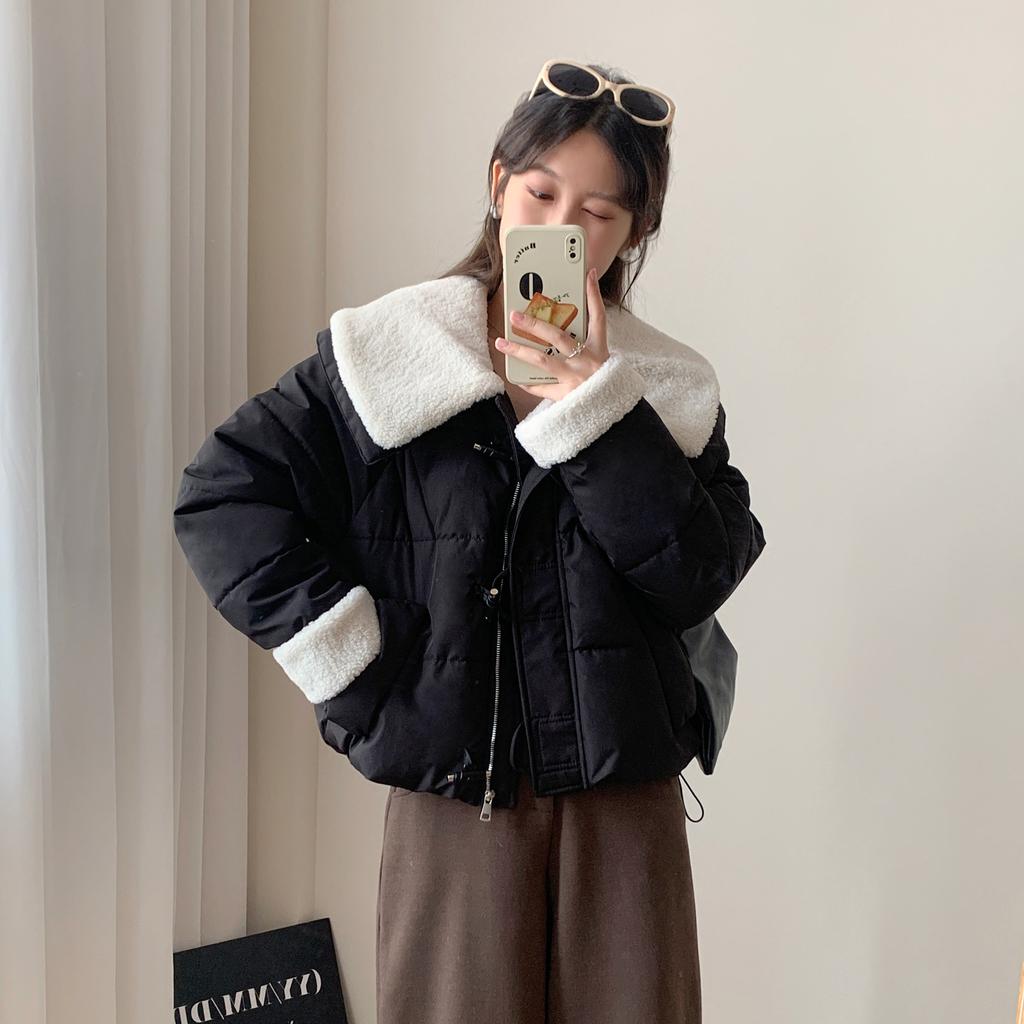 Winter 2025 new Korean lambswool patchwork warm cotton jacket women's short thickened lapel cotton jacket