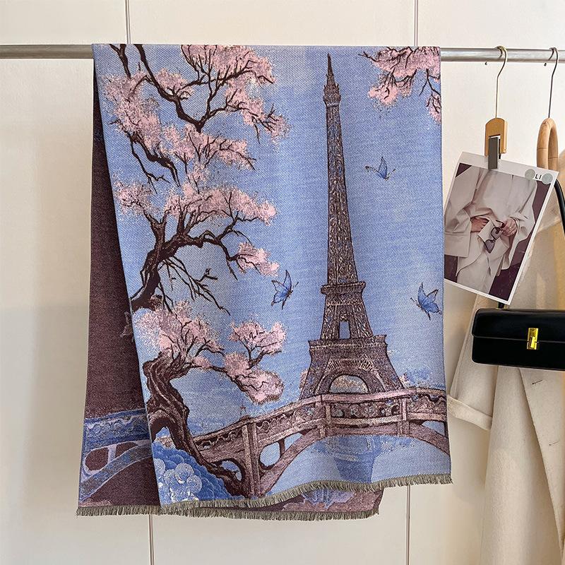 Autumn And Winter National Style Plants And Flowers Landscape Painting Elegant Women Warm Scarf Fashion Retro Shawl