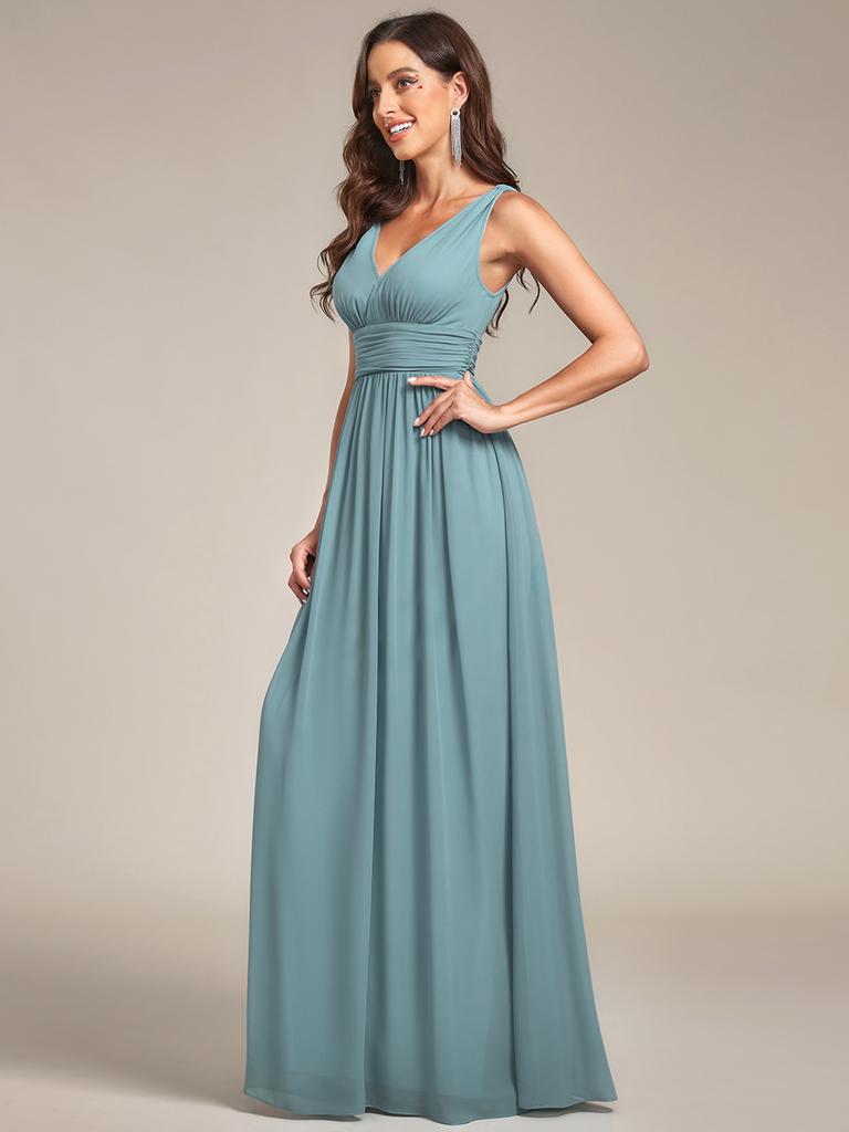 Kosoze V-Neck Chiffon Bridesmaid Dress - Long Pleated Slit Formal Gown For Women, Turquoise, Size 6