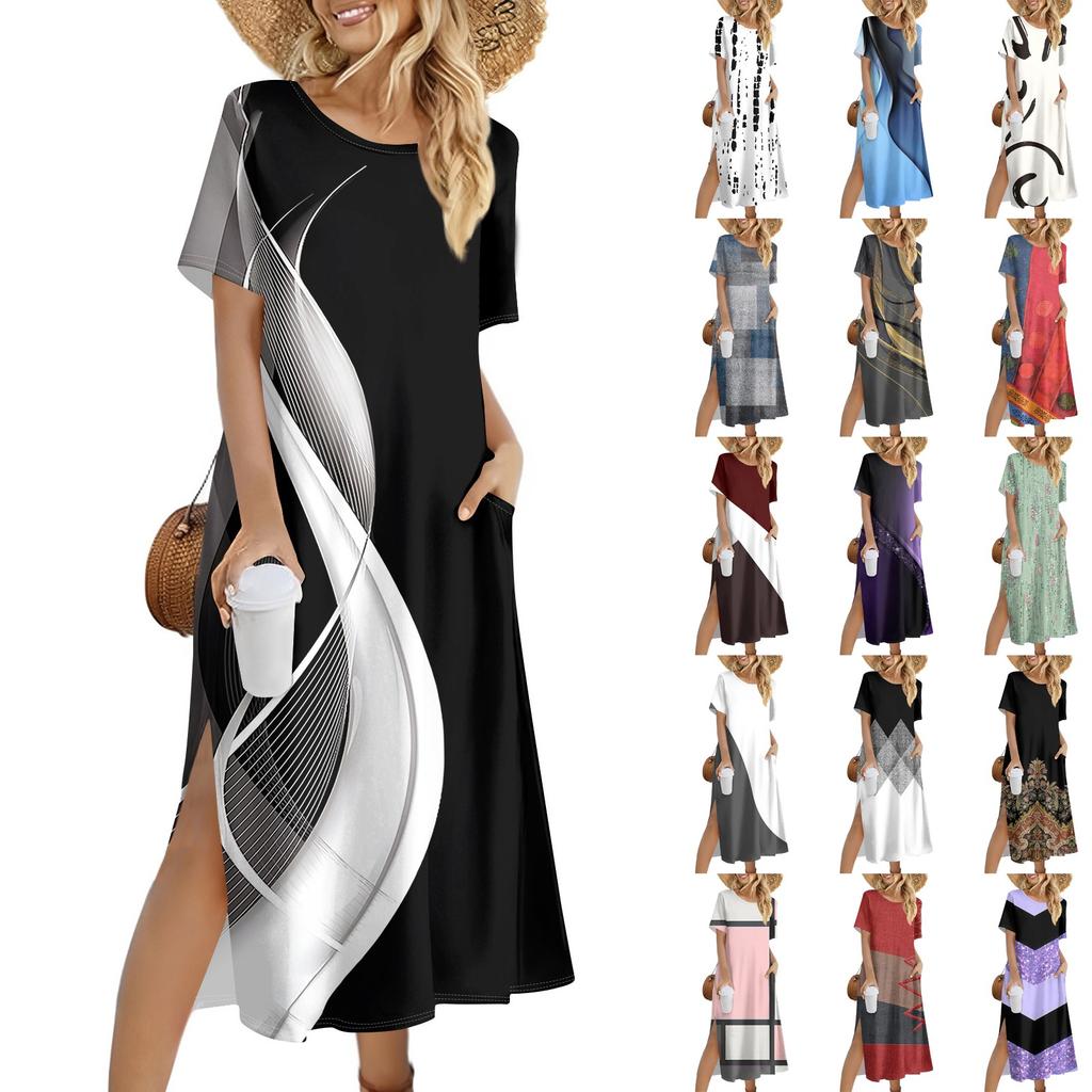 Damenmode Sommerkleid mit Farbblock-Patchwork-Print, lässiges Strandkleid, schmales Urlaubskleid
