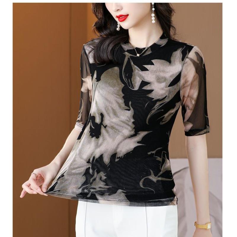 Modne drukowane siateczkowe koszulki z krótkim rękawem, okrągłym dekoltem, wykończona koszula damska, z pół rękawami, rozciągliwa, cienka lodowa jedwabna koszulka M-4XL