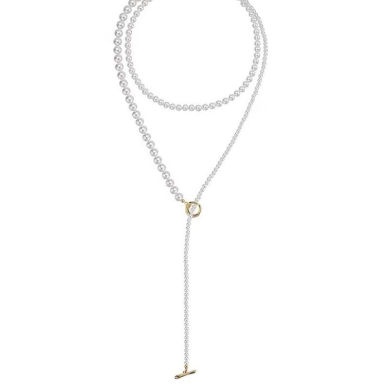 Gradient Pearl Necklace for Women - French Luxury Niche Design, Versatile Long OT Buckle Sweater Chain.