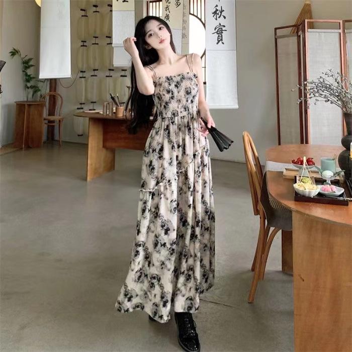 Seaside vacation wind beach dress summer suspender floral dress high waist thin versatile rose print dress