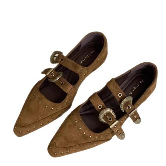 Retro Rivet Pointed Mary Jane Shoes Women's 2025 Autumn Belt Buckle Shallow Mouth Temperament Inner Height Increase One Word Belt Single Shoes