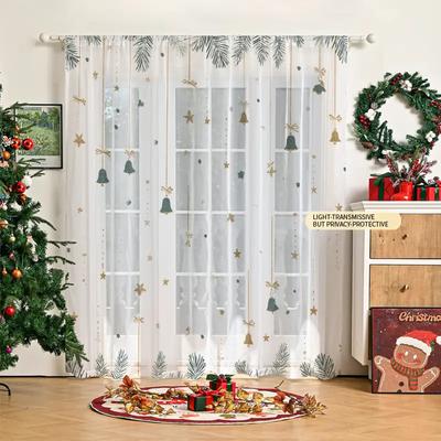 2pcs Christmas Pine Branch Bell Sheer Curtains with Pole Bag, Privacy Protection, Suitable for Decoration In Various Scenes