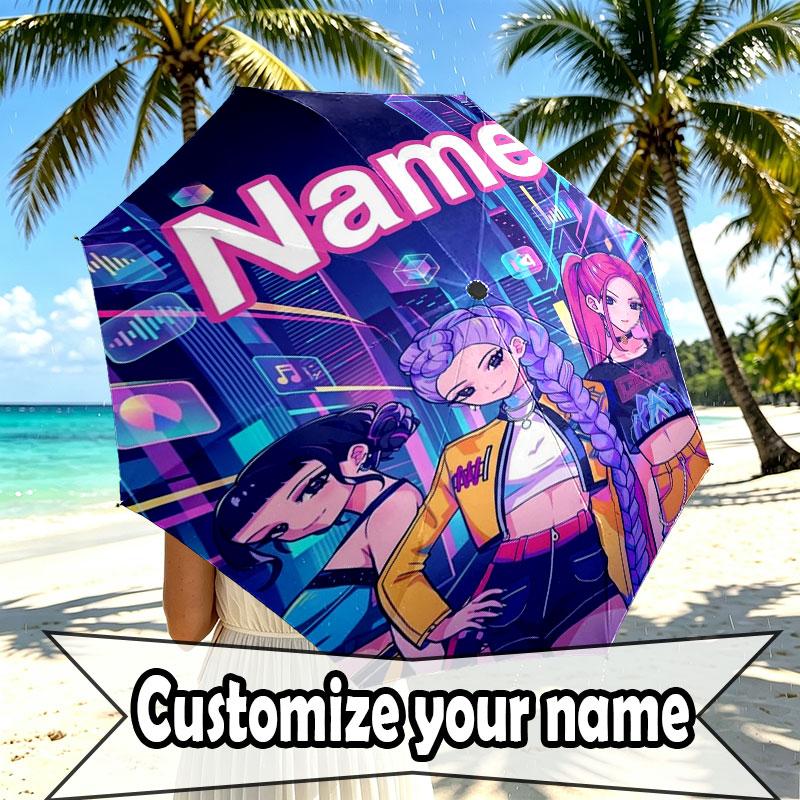 Custom Name Personalized Demon Hunters Kpop Print Umbrella, Auto Open Close, 8‑Rib Sturdy Frame, Commute Camping Hiking Use, Birthday Gift