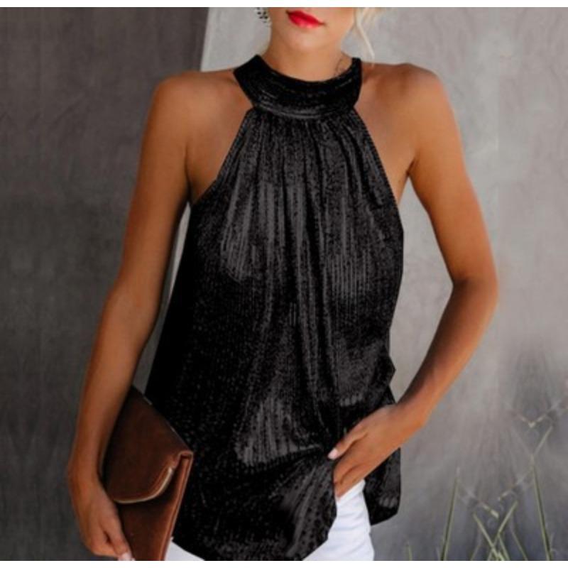 Top casual senza maniche con finitura argento lucido e zip sul collo a goccia