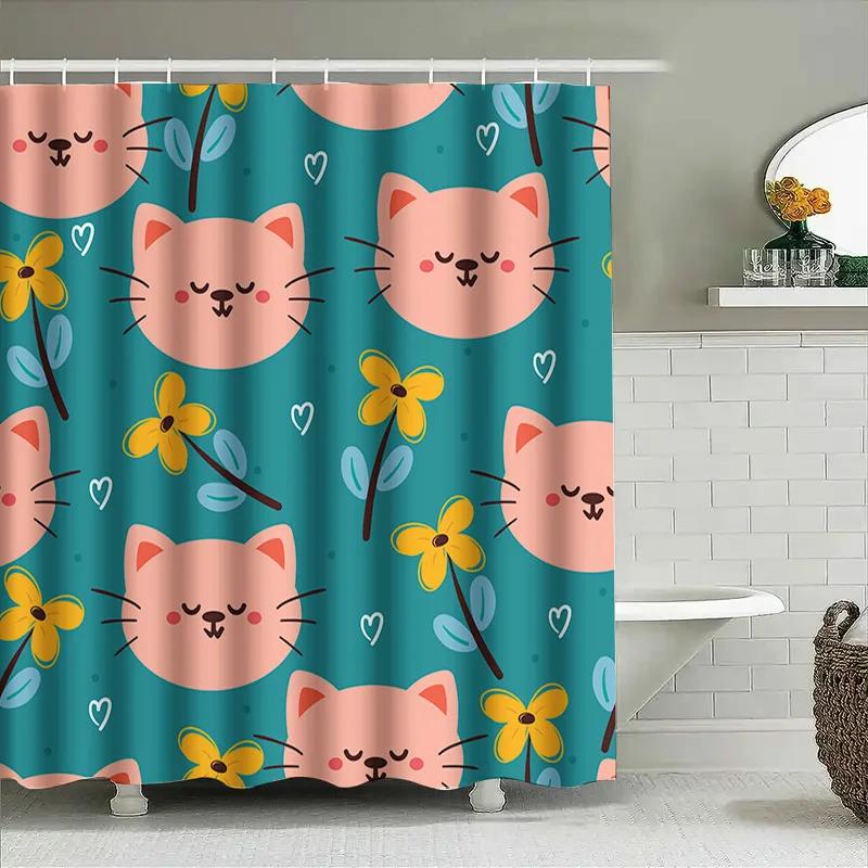 Cat Print Shower Curtain With Yellow Flowers Design For Bathroom Decor 3D Printed Waterproof Fabric Material Size:60X72 Inches