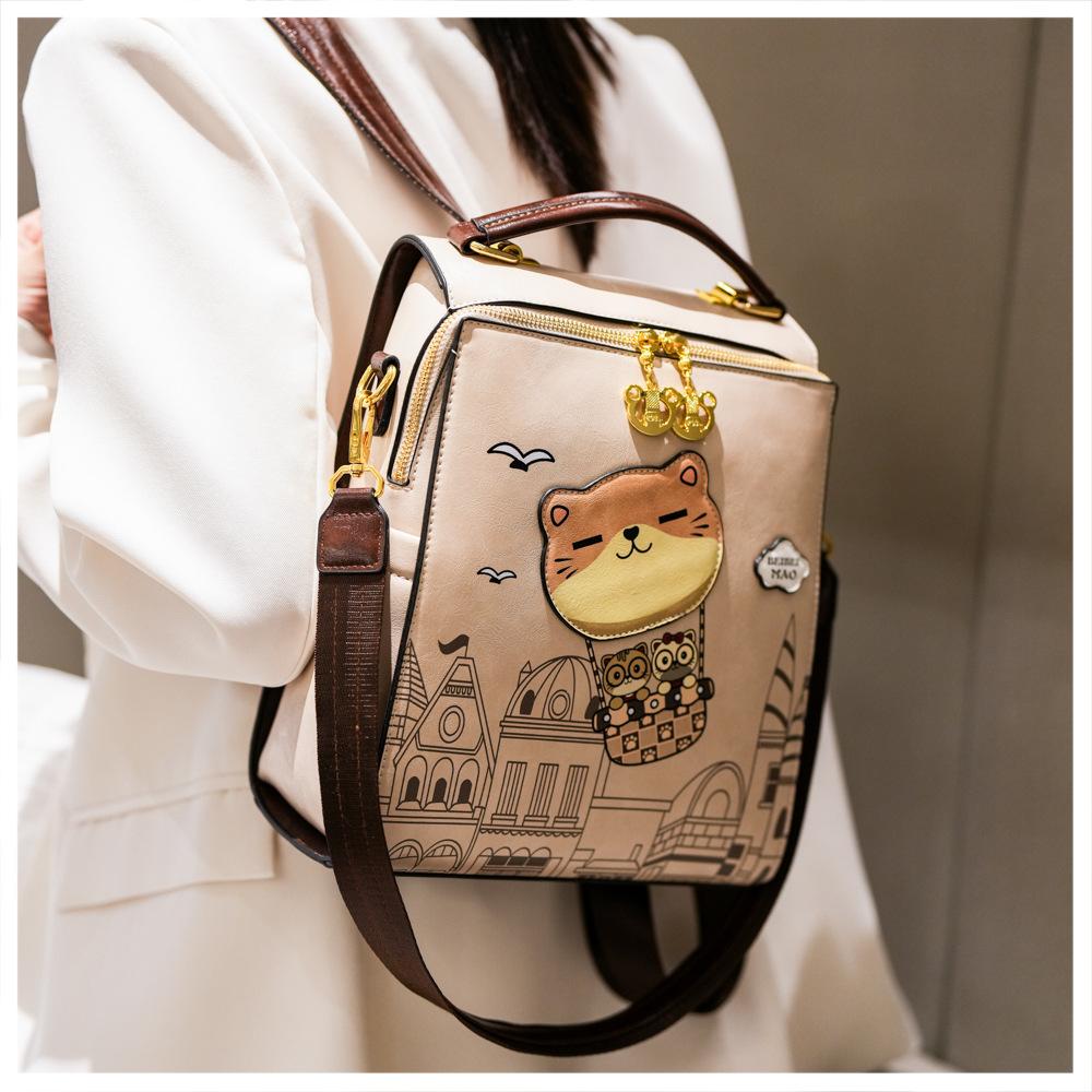 2026 New Premium Sense PU Women's Backpacks Versatile Casual Simple Large Capacity Lady Single Shoulder Bag Cute Cartoon Bear Outdoor Travel Rucksacks