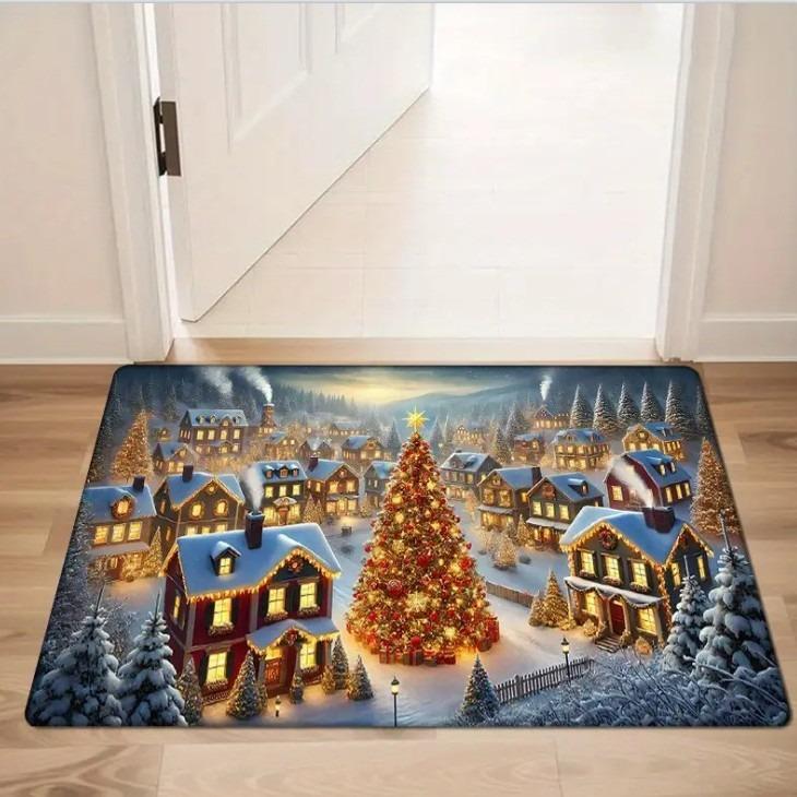 Christmas Theme Door Mat With Santa Claus Snowman Christmas Tree Patterns Soft Decorative Entryway Rug For Xmas Season Decor