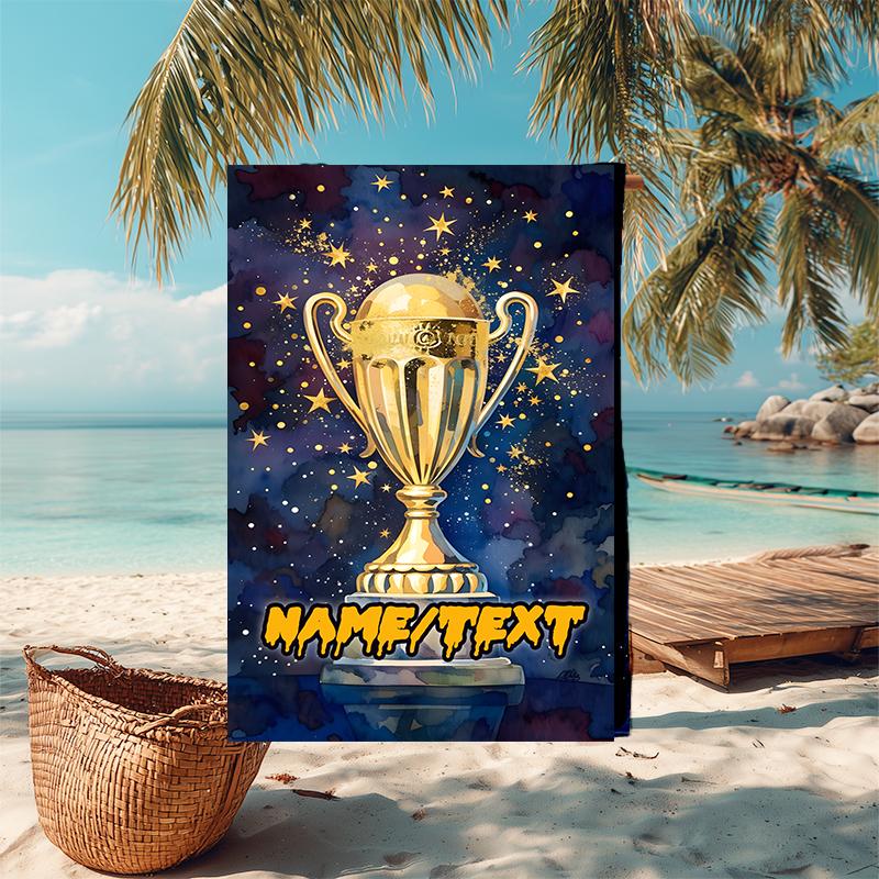 1PC Custom Name Golden Trophy Celebration Beach Towel Highly Absorbent And Sand-Resistant Towel for Swimming, Pool, Yoga, And Travel Lightweight