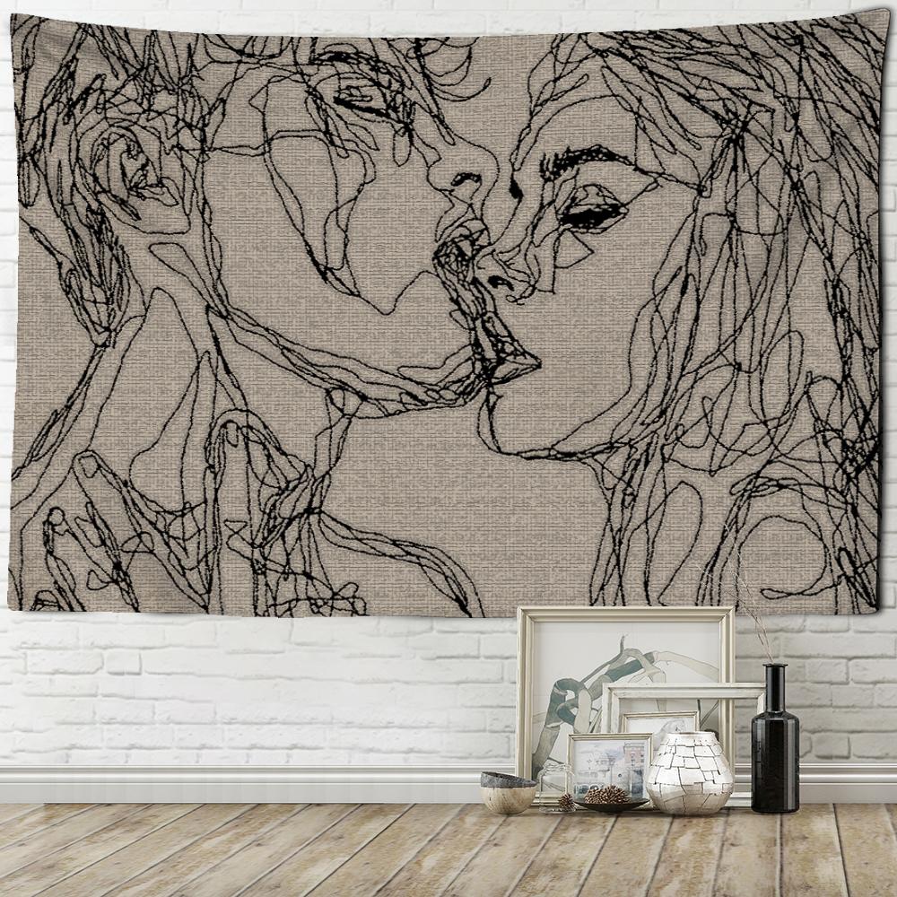 Kreativní čárová malba Tapiserie Nástěnný závěs Bohemian Hippie Muži a ženy polibek psychedelický abstraktní koberec retro dekor