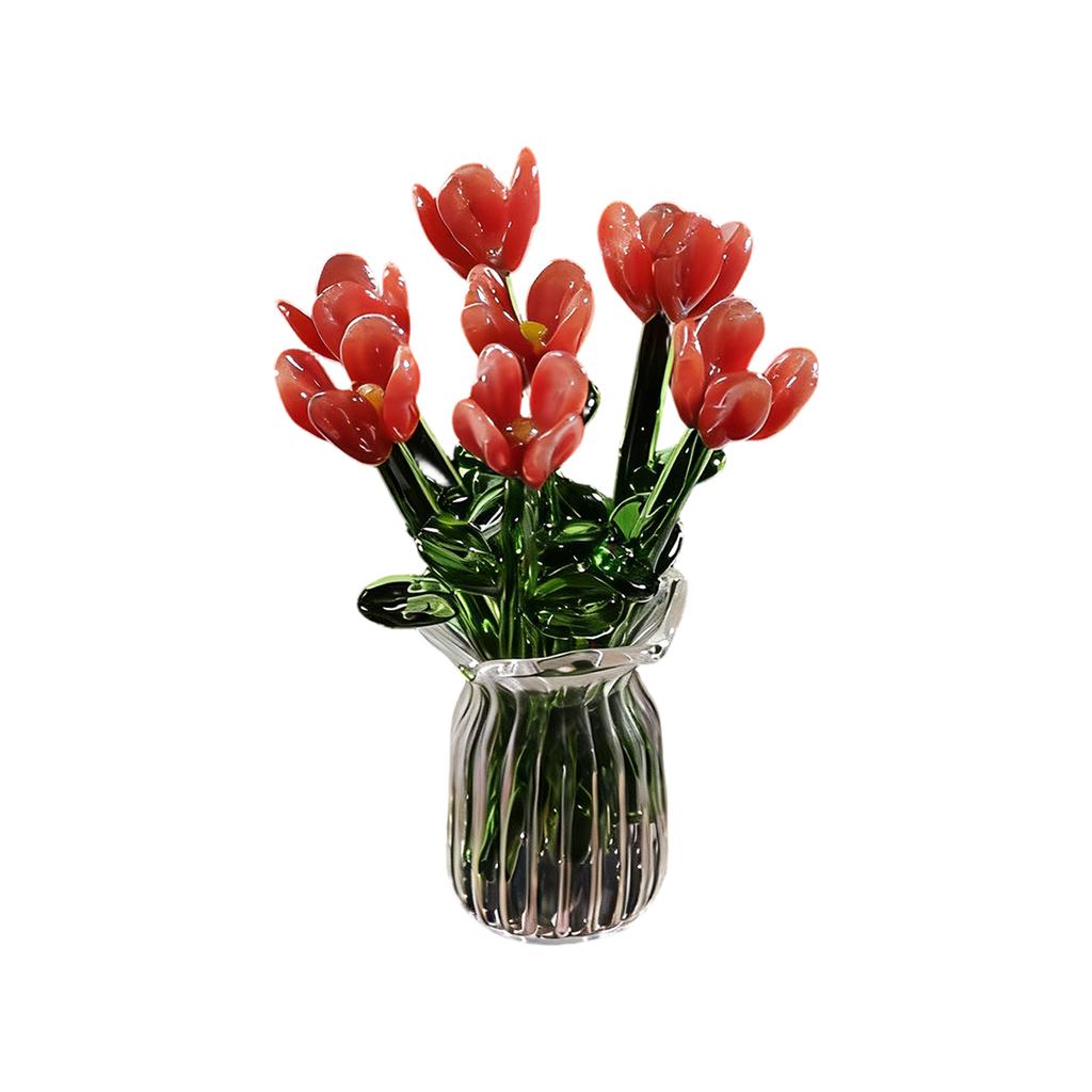 Glasblumen in Vase, Glasblumen in Vase mit Stielen, 7 Farbige Miniatur-Glasblumen, Glasblumenstrauß zum Muttertag