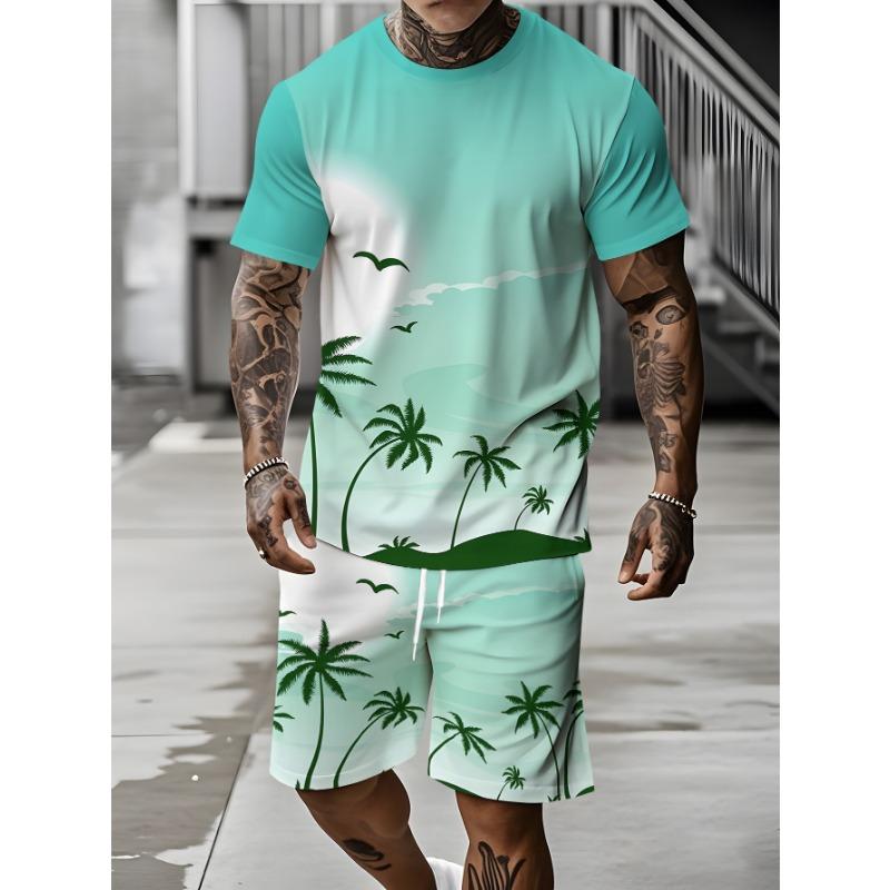 2026 Summer Fashion T-Shirt and Shorts Set Stylish Streetwear Look for Men–3D Short-Sleeve Oversized Top with Palm Tree Print