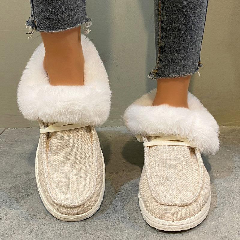 Cross-border foreign trade low-top lace-up cotton shoes women's autumn and winter round head plush mouth flat-bottomed snow boots