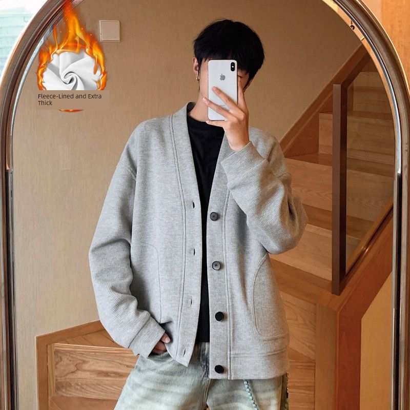 Dongjie No Logo Flus Autumn and Winter Large Size Fleece-Lined Waffle Cardigan Sweatshirt for Men, Solid Color Versatile Jacket Gray M