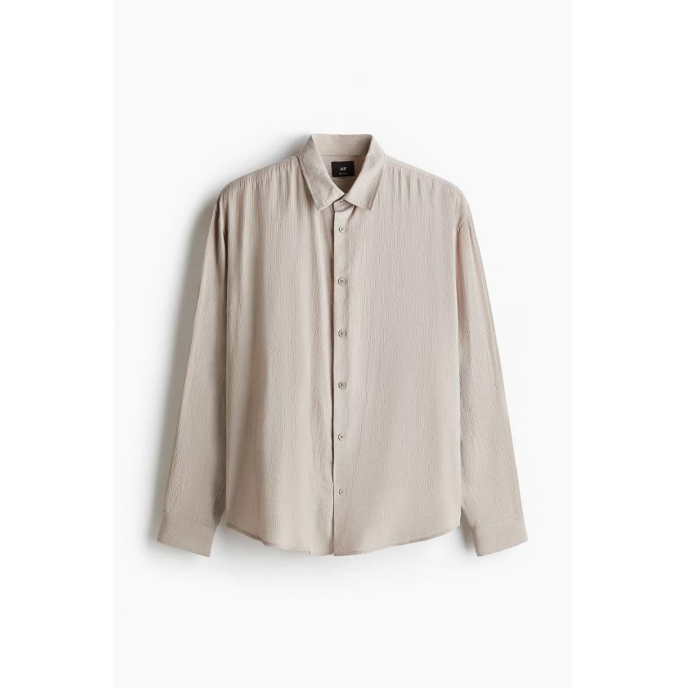 H M Regular Fit Crinkle sHirt Grey