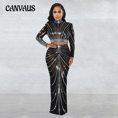 Vestido de noite da moda feminino malha broca transparente manga longa saia longa conjunto de duas peças