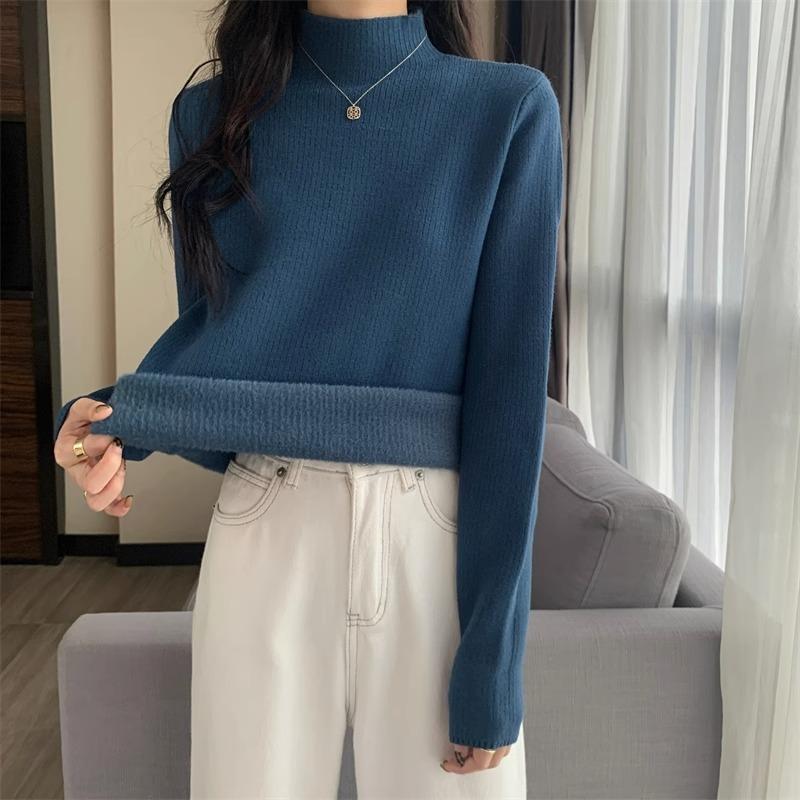 Pullover Autumn and Winter Sweater Women's Fleece Thickened Integrated Fleece with Semi-turtleneck Pullover Bottoming Knitted Sweater Thermal Top