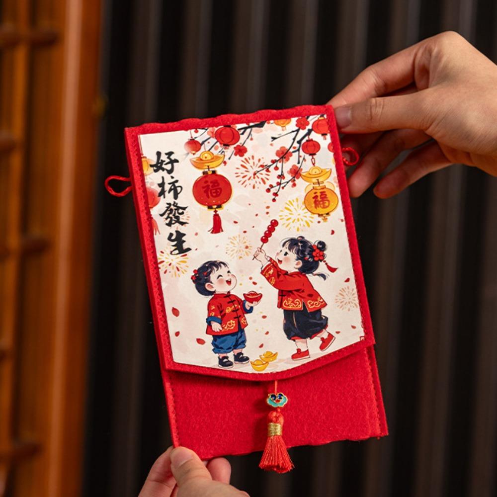 Traditional Spring Festival Cloth Red Envelopes Rectangular Chinese Style New Year's Blessing Bag Reusable with Hanging Rope