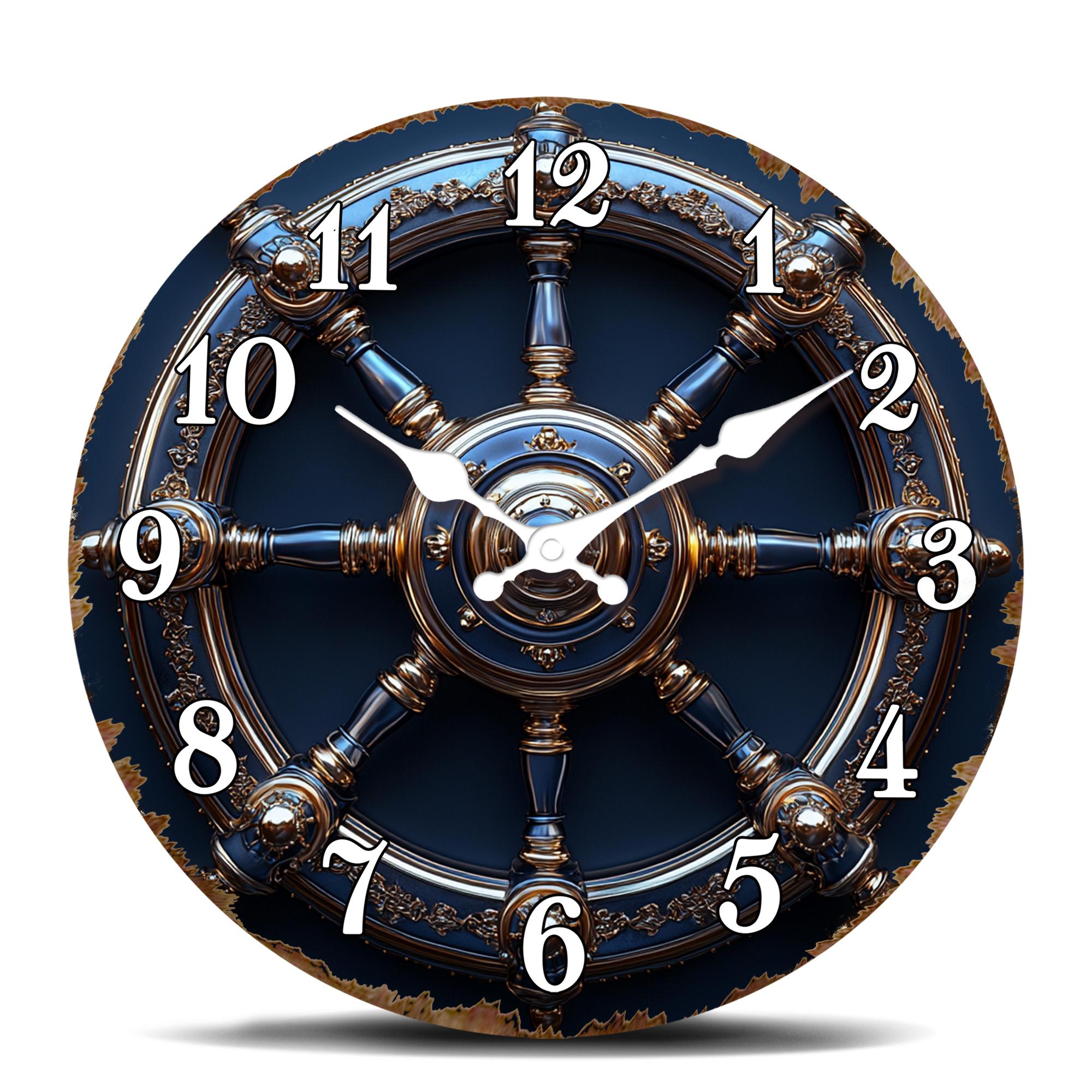 Nautical Ship Steering Wheel Design Round Wall Clock, Marine Theme Decorative Clock with Gold and Blue Accents, Vintage Style Wa 10 inch