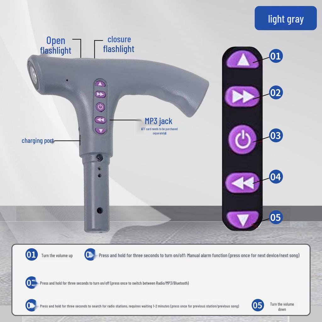 Smart Multifunctional Cane Handle: Bluetooth MP3, Radio, Alarm, Flashlight - Senior Safety Accessory