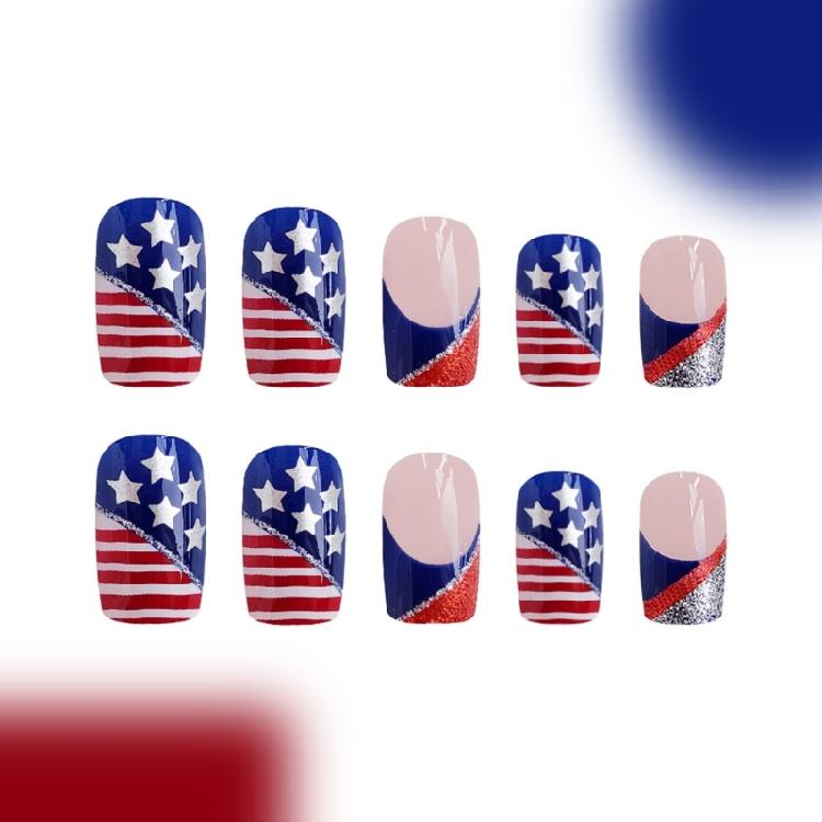 Independence Day French Tip Press on Nail Short Square Fake Nail Glues on Nail Artificial False Nail for Nail Decors
