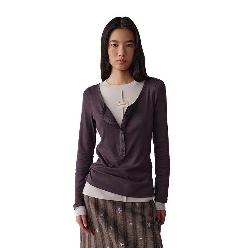 GREEN BELT Lyocell Contrast Patchwork Faux Two-Piece Slim Fit Top M