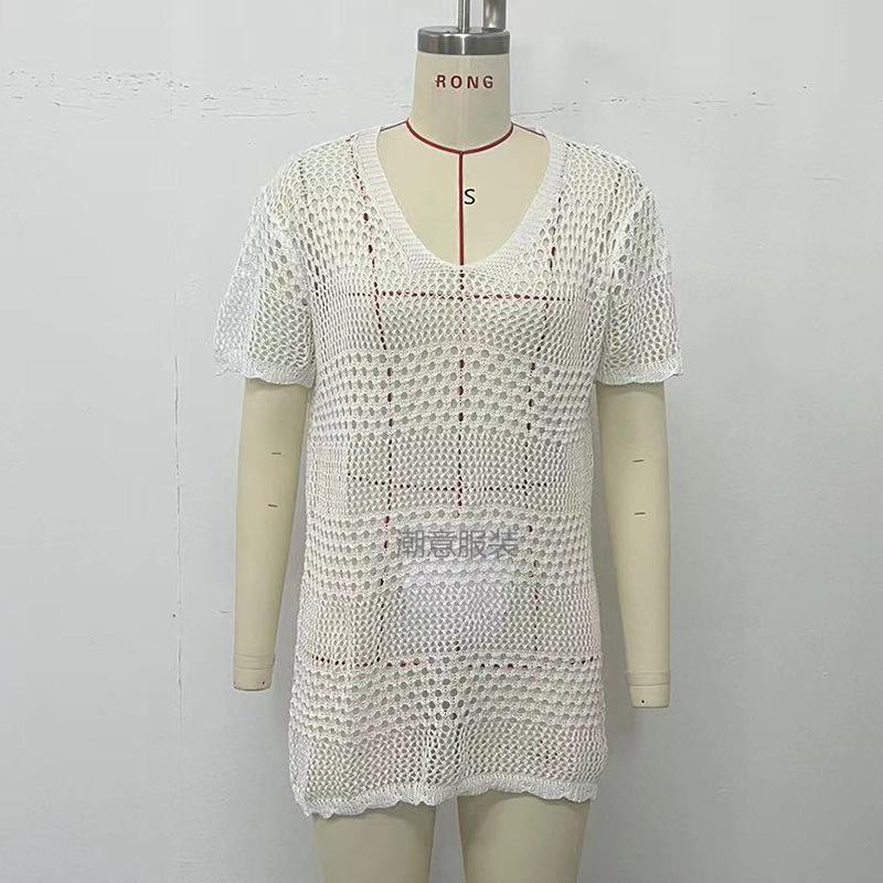 European & American Women's Sexy Hollow Short-Sleeve Bikini Cover-Up Sun Shirt