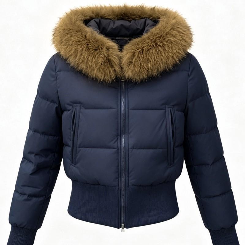 Womens Short Puffer Coat With Detachable Faux Fur Collar Winter Warm Thick Cotton-Padded Jacket Small Stature