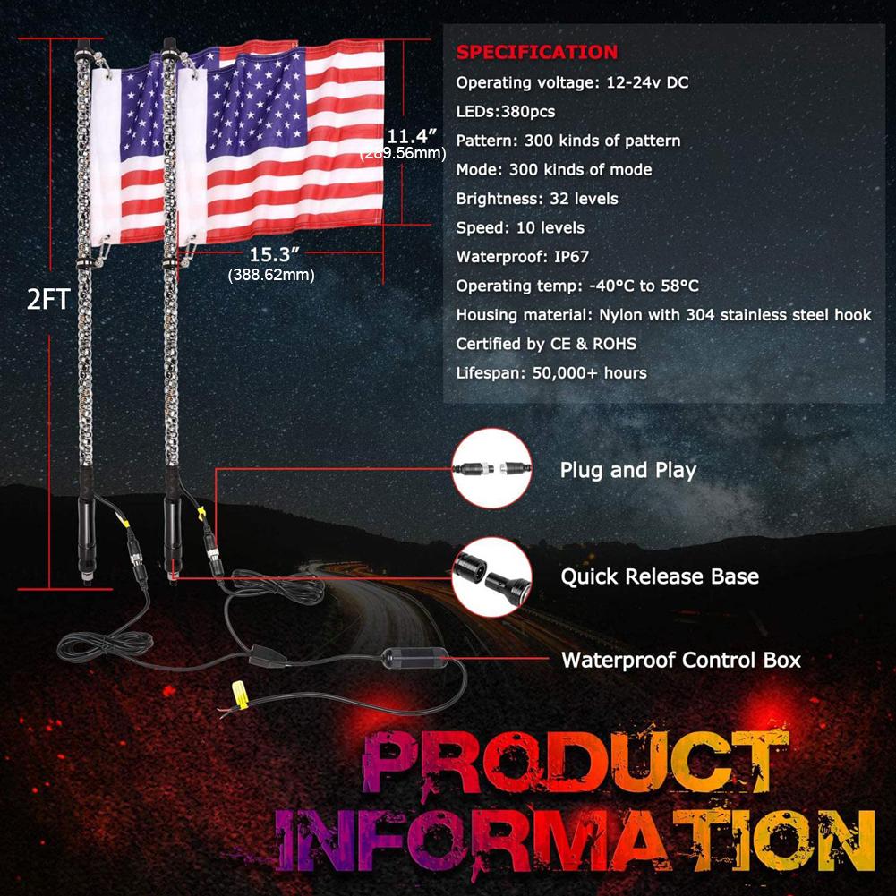 2FT 63 Modes LED Flag Pole Light with Flag Car Decoration Antenna Lamp RGB Off-Road Remote Control Spiral LED Whip Light