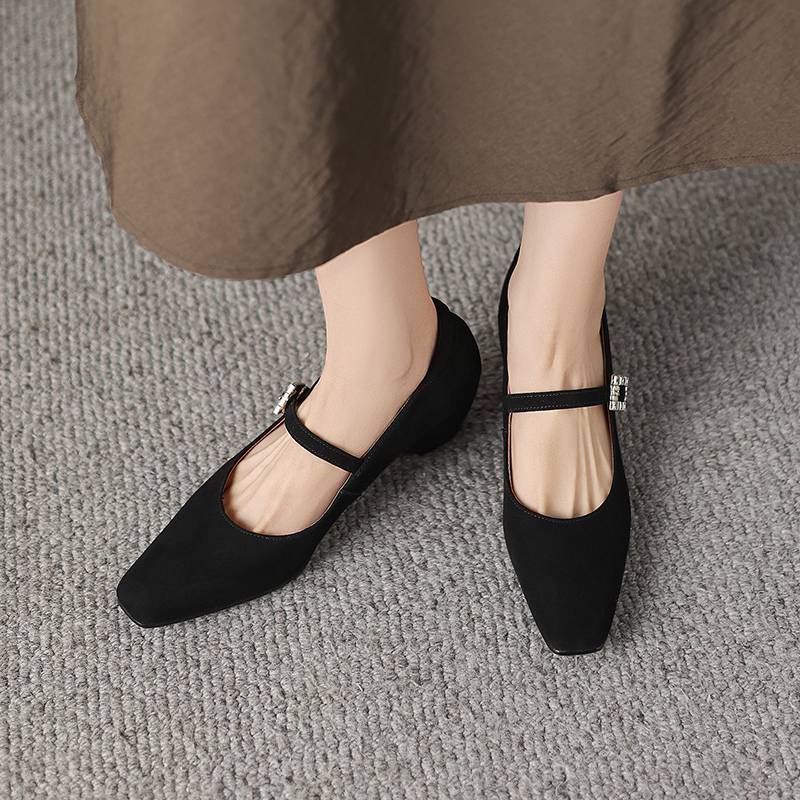 Krazing Pot Sheep Suede Square Toe Med Heels Summer Shoes Big Size 42 Crystal Buckle Women Shallow Pumps