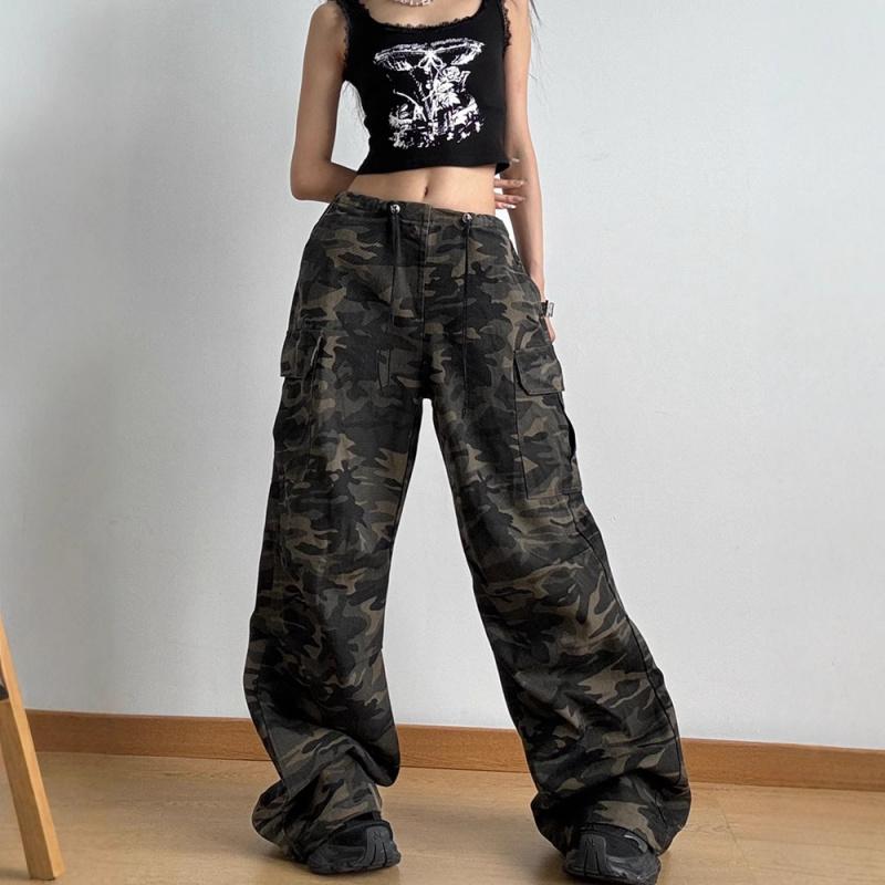 New Military Green Camouflage Multi-pocket Jeans for Men and Women 2026, Straight Loose Hip-hop High-waisted Wide-leg Pants