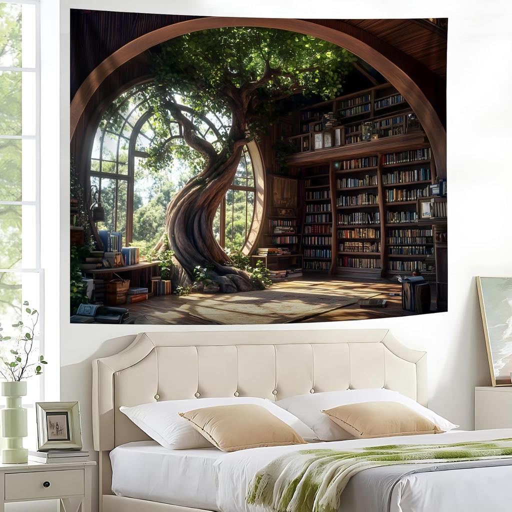 Magic School Bookshelf Tapestry Study Room Picture Large Book Tree House Medieval Tapestries Dorm Wall Art for Home Decor