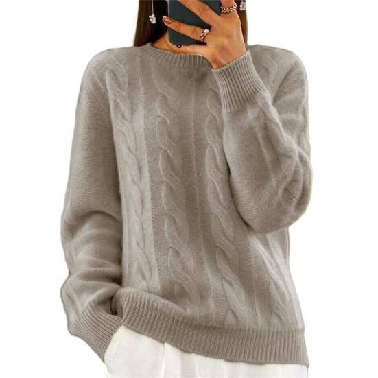 Women Sweater Round Neck Long Sleeve Twist Texture Knitting Tops Solid Color Loose Fit Retro Pullover Tops