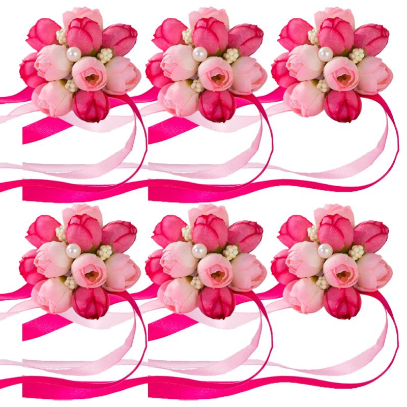 6pcs Wrist Flower Hand Flower Wedding Supplies Accessories For Bride Bridesmaid Party Prom