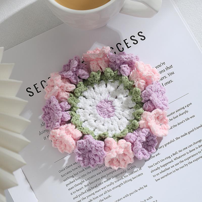 Colorful Handmade Crochet Threedimensional Petal DIY Splicing Bags Clothes Insulated Coaster Cotton Thread Cup Pad Decor Cup Mat
