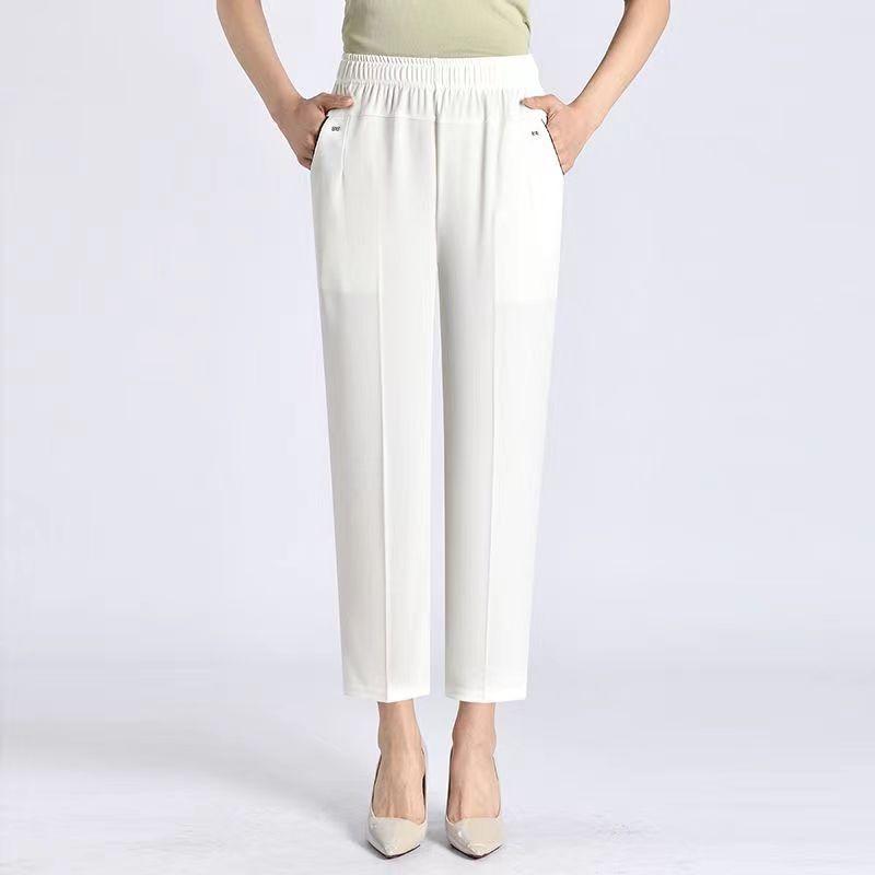 Women Summer Elastic High Waist Plus Size Casual Pants Middle-aged Elderly Straight Ninth Pants