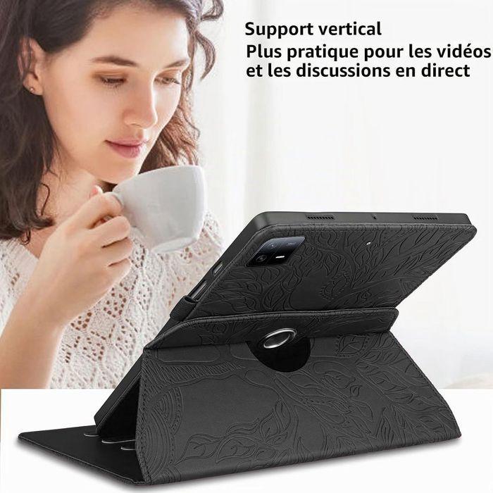 Coque + Verre Trempé pour Xiaomi Pad 6 / Pad 6 Pro, Protection Rotative Effet Cuir Motif Arbre Noir