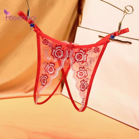 Women Panties Crotch Adjustable Strap Hollow Out Slutty Thin Open Stretchy See-through Lace Flower Embroidery