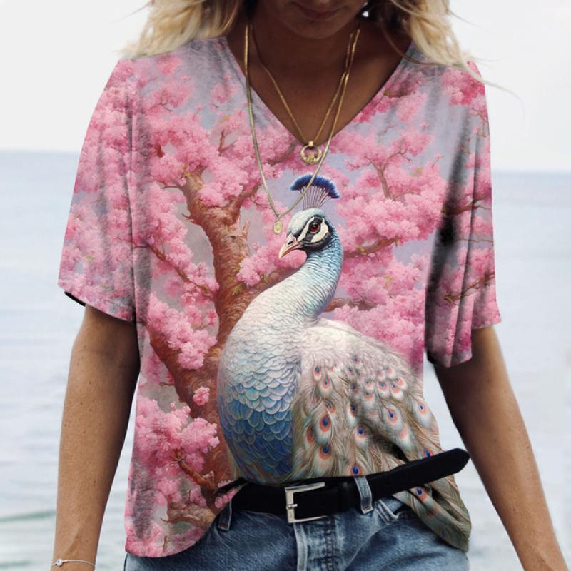Luxury Peacock Graphic Women's T Shirt Summer Loose Ladies Clothes V Neck Oversized Blosue Female Daily Short Sleeve Casual Tees