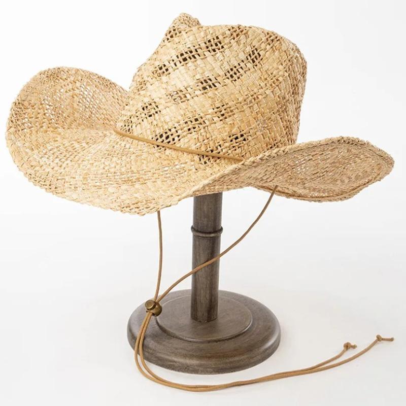 Garden Supplies My Women's Wide Brim Raffia Straw Sun Hats Unisex Straw Cowboy Hat Handwoven Breathable Hollow Fedoras Hat Summer Sun Hat With Chin Strap 57Cm