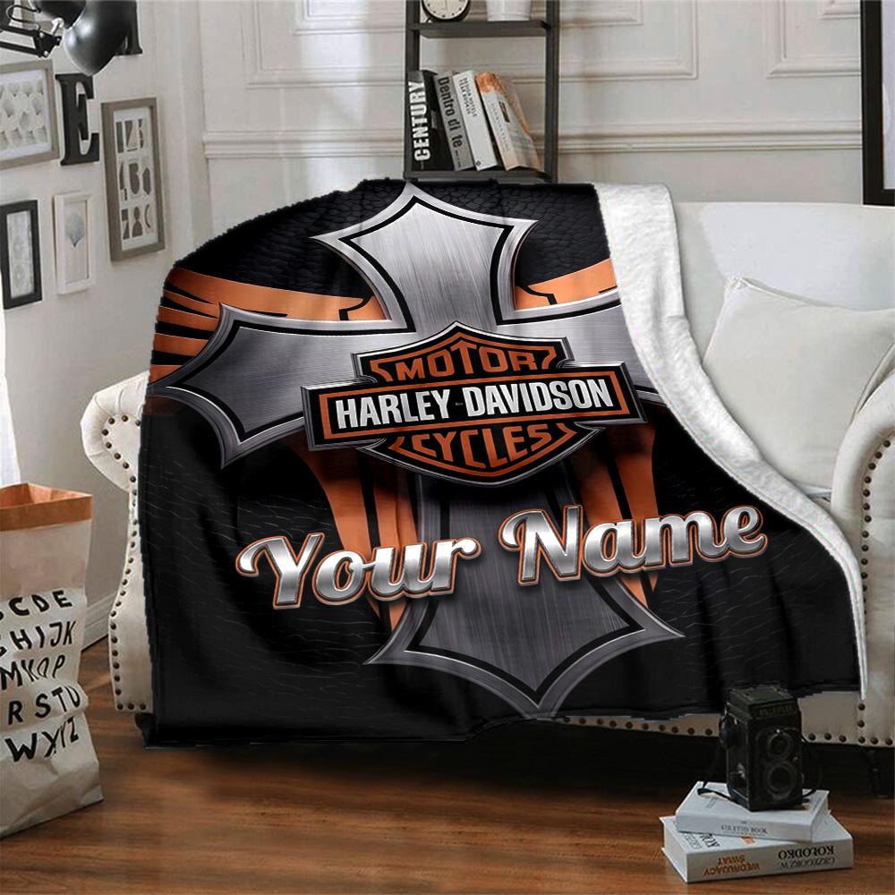1pc HarleyDavidson Blanket with Custom Name, Gift, for Men and Women, Soft Blanket, Good for Sofa Bed Couch Travel, Lightweight Flannel Blanket