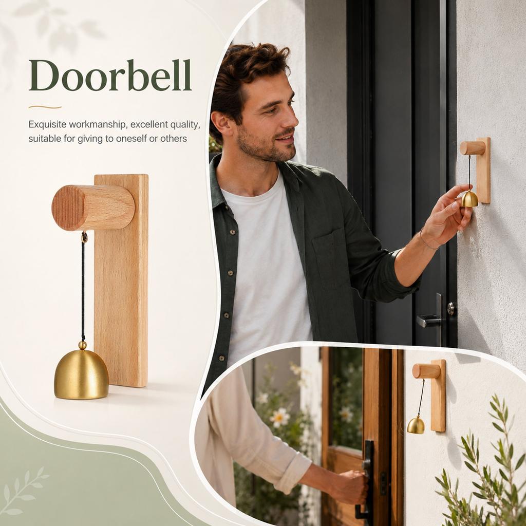 Vintage Wooden Door Chime with Brass Bell Unique Hanging Entry Alert for Store Home Office Decorative Wind Bell