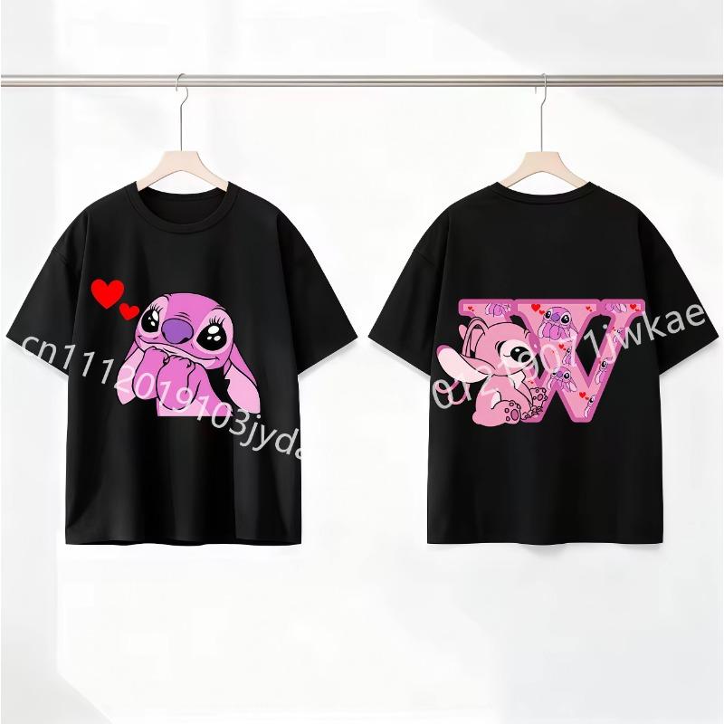 Stitch Angel Letter A-Z Cartoon Black Kids Pink T Shirt Summer Cute Boys and Girls Short-Sleeve Top Casual Breathable Clothing