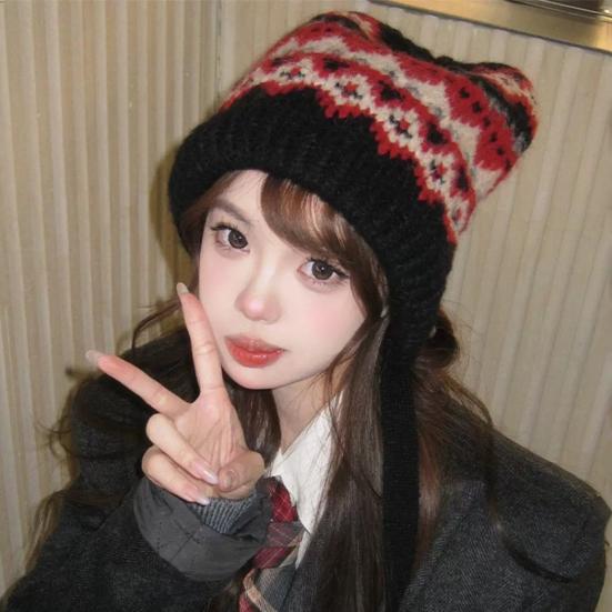 Chapéu Feminino Outono Inverno Gorro Quente Japonês Malha Chapéu Boné de Pelo À Prova de Vento Grosso Proteção de Orelhas Gravata Pulôver Gorro Bonnet