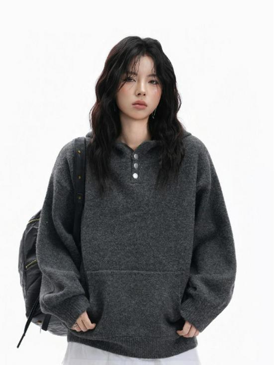 Unisex Hooded Knit Cardigan Jacket - Half-Button, Thick, Loose, Trendy Sweater for Autumn/Winter