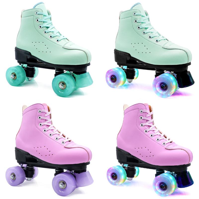 Adult Unisex Double Row Roller Skates, Breathable Purple Leather, Jelly Wheels, Four-Wheel Design
